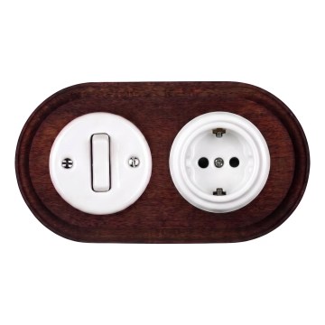 Elhard - Keramischer Retro-Schalter Nr. 1 und 230V-Steckdose mit SCHUKO-Rahmen weiß/dunkles Holz