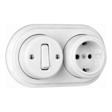 Elhard - Keramischer Retro-Wand-Einpolschalter Nr. 1 und SCHUKO-Steckdose 230 V mit Rahmen, weiß