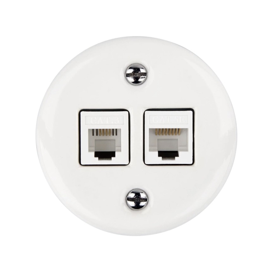 Elhard - Wandmontierte keramische Retro-Datenanschlussdose, 2x RJ45, weiß
