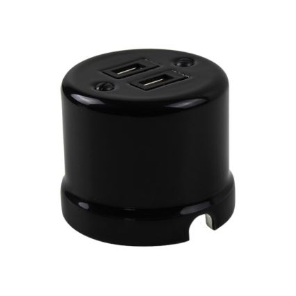 Elhard - Wandsteckdose aus Keramik im Retro-Look, 2× USB-A, schwarz