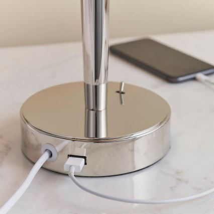 Endon 72175 - Tischlampe mit USB-Anschluss SYON 1xE14/40W/230V glänzender Chrom/Beige