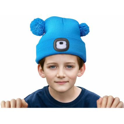 Extol - Kinder-Mütze mit integrierter Stirnlampe und USB-Ladefunktion 250 mAh, blau mit Bommel, Kindergröße