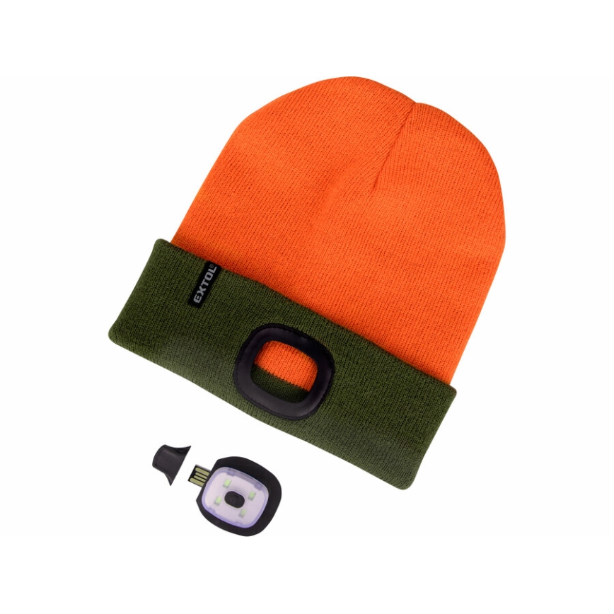 Extol - Mütze mit Stirnleuchte und USB-Aufladung 300 mAh neon orange/grün Größe UNI