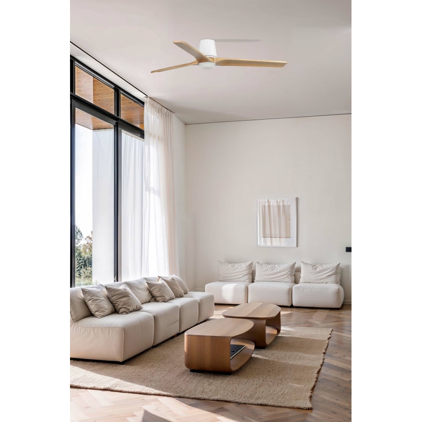 FARO 33838WT-1TW - LED dimmbarer Deckenventilator HEYWOOD TUB L LED/10W/230V 2700/4000/6000K Kiefer/Weiß Ø 132 cm Wi-Fi Tuya + Fernbedienung