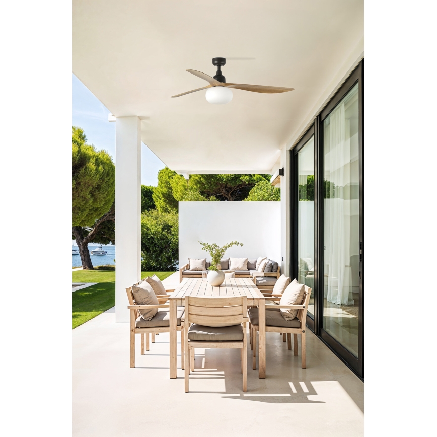 FARO 34360WT-11L - Deckenventilator OUTWOOD L 1xE27/15W/230V braun/schwarz d 150 cm Wi-Fi Tuya IP44 + Fernbedienung