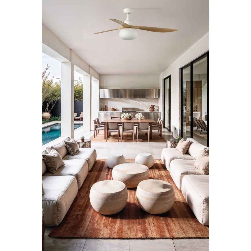 FARO 34361WT-11L - Deckenventilator OUTWOOD L 1xE27/15W/230V braun/weiß Ø 150 cm Wi-Fi Tuya IP44 + Fernbedienung