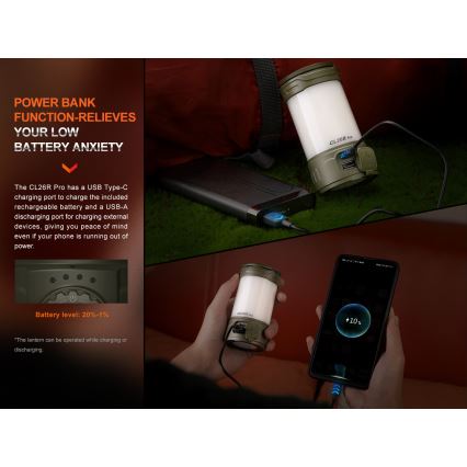 Fenix CL26RPROCAM - Tragbare, aufladbare LED-Leuchte mit Dimm-Funktion LED/USB IP66 650 lm 408 h 5000 mAh grau