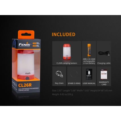 Fenix CL26RRED - Dimmbare, tragbare Akku-LED-Leuchte LED/USB IP66 400 lm 400 h orange