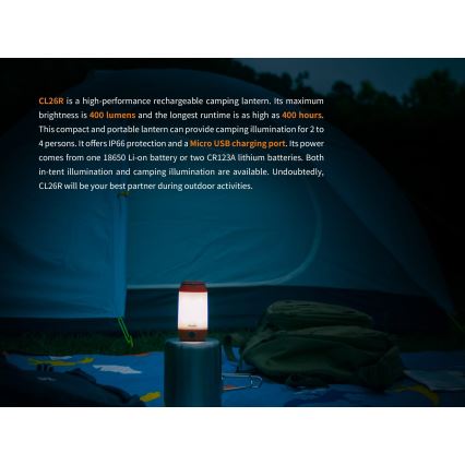 Fenix CL26RRED - Tragbare, aufladbare LED-Leuchte mit Dimm-Funktion LED/USB/2xCR123A IP66 400 glänzend 400 h 2600 mAh orange