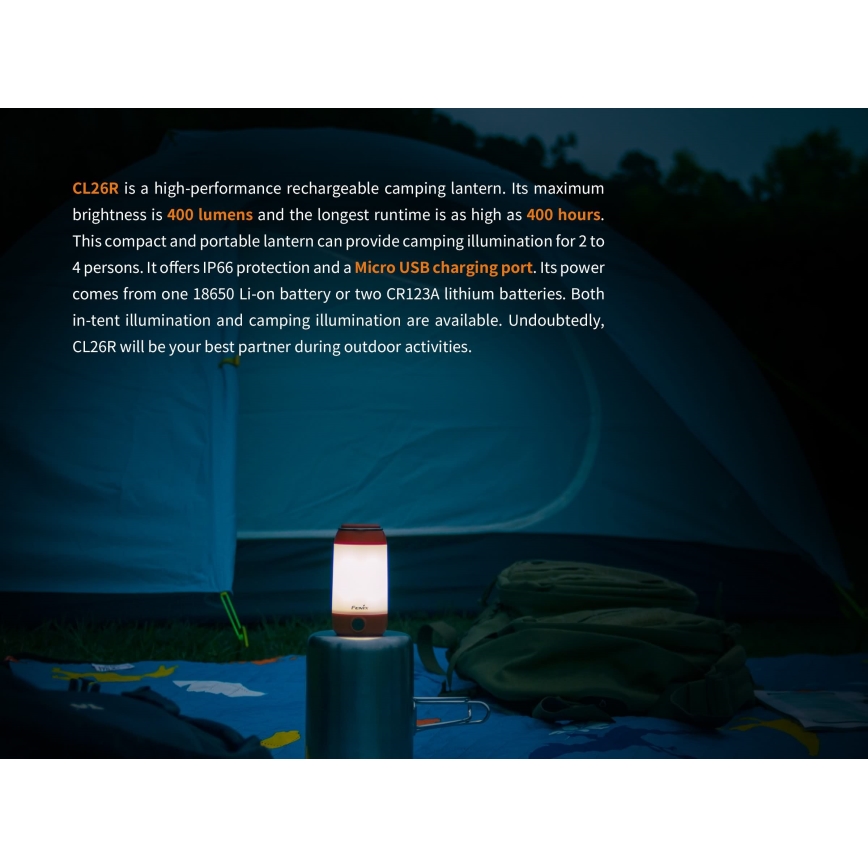 Fenix CL26RRED - Tragbare, aufladbare LED-Leuchte mit Dimm-Funktion LED/USB/2xCR123A IP66 400 glänzend 400 h 2600 mAh orange