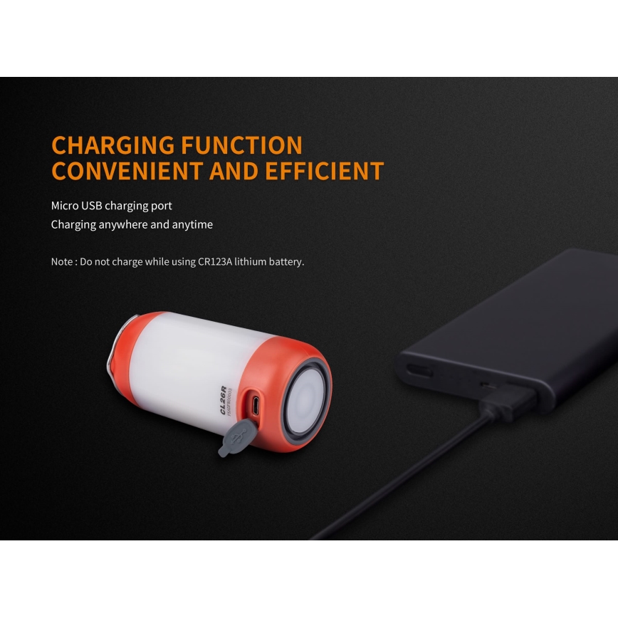 Fenix CL26RRED - Tragbare, aufladbare LED-Leuchte mit Dimm-Funktion LED/USB/2xCR123A IP66 400 lm 400 h 2600 mAh orange