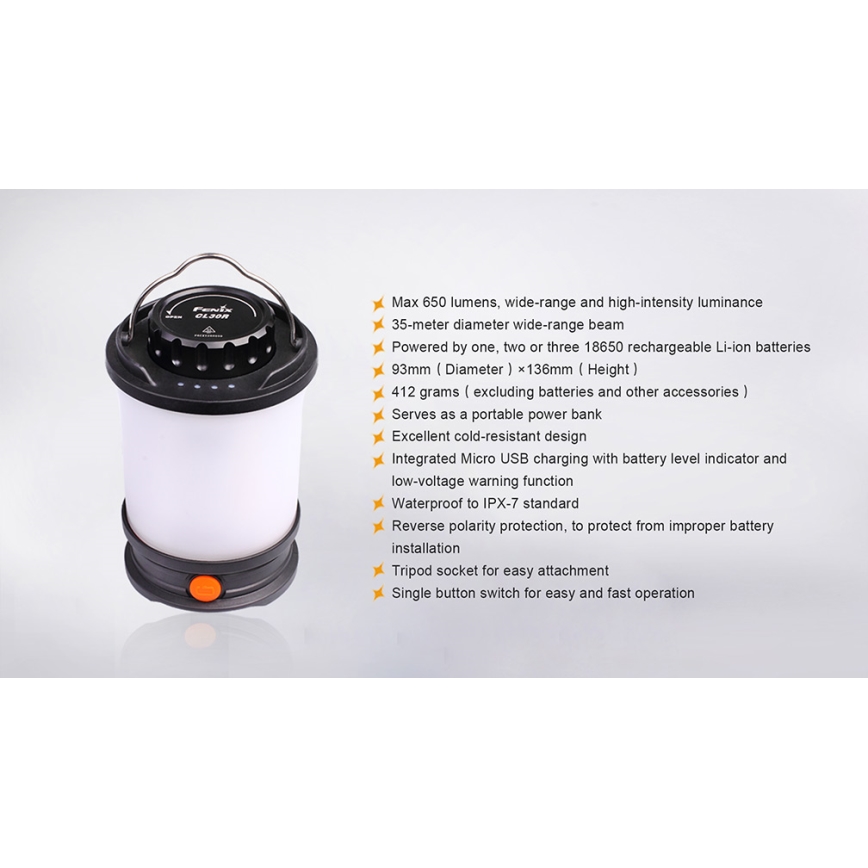 Fenix CL30R - Tragbare wiederaufladbare LED-Leuchte LED/USB IPX7 650 lm 300 h
