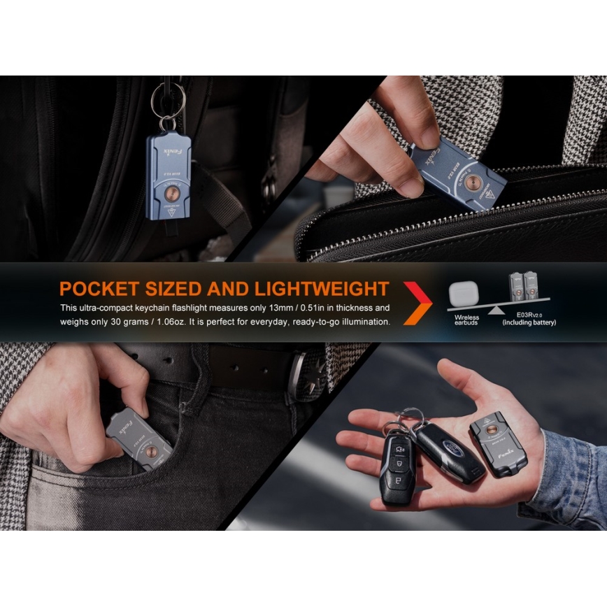 Fenix E03RV20BLU - Aufladbare LED-Taschenlampe LED/USB IP66 500 lm 30 h 400 mAh