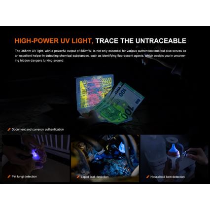 Fenix E06RGRY - Dimmbare, aufladbare LED-Taschenlampe UV LED/USB IP66 700 glänzend 60 h grau