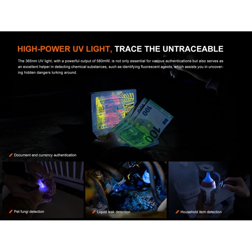 Fenix E06RGRY - Dimmbare, aufladbare LED-Taschenlampe UV LED/USB IP66 700 glänzend 60 h grau