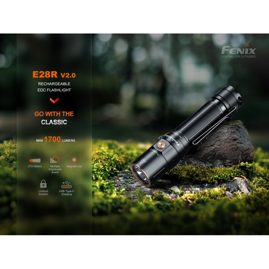 Fenix E28RV20 - Dimmbare, aufladbare LED-Taschenlampe LED/USB/2xCR123A IP68 1700 glänzend 260 h 3400 mAh