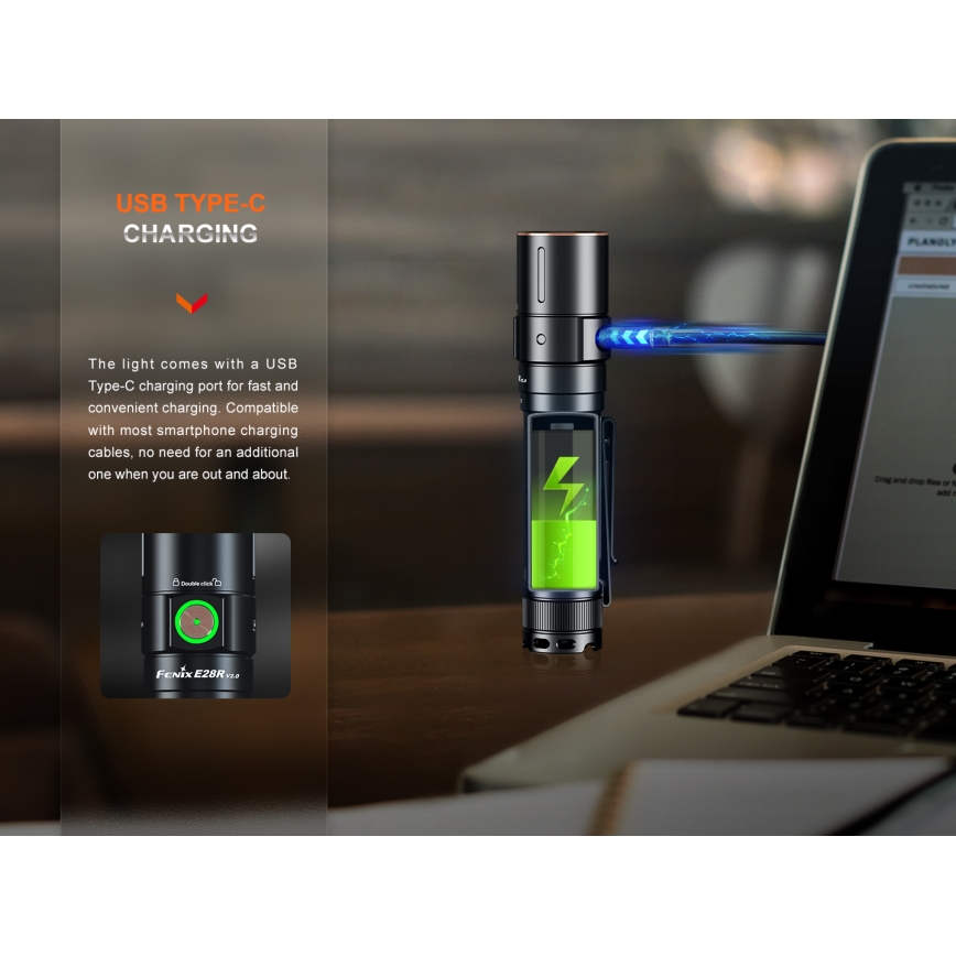 Fenix E28RV20 - Dimmbare, aufladbare LED-Taschenlampe LED/USB/2xCR123A IP68 1700 glänzend 260 h 3400 mAh