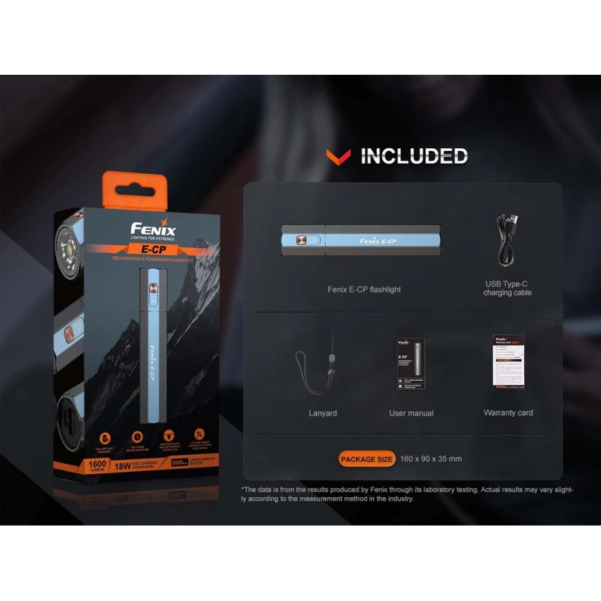 Fenix ECPBLCK - Aufladbare LED-Taschenlampe mit Powerbank USB IP68 1600 glänzend 504 h 5000 mAh schwarz