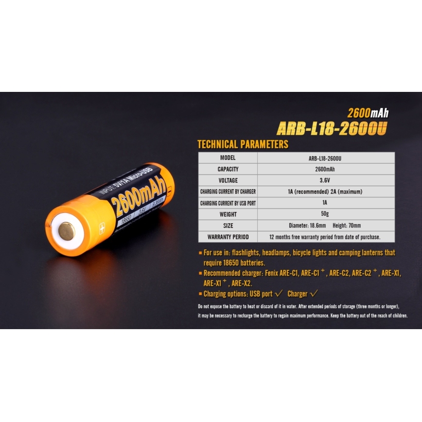 Fenix FE18650LI26USB - 1 Stück Wiederaufladbarer USB-Akku / 3,6 V, 2600 mAh