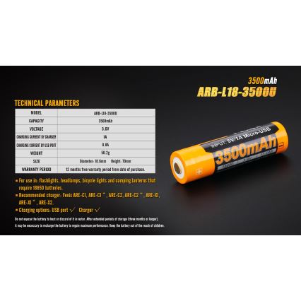 Fenix FE18650LI35USB - 1 Stück USB-Akku/3,6V 3500 mAh wiederaufladbar