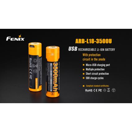 Fenix FE18650LI35USB - 1 Stück Wiederaufladbarer USB-Akku, 3,6 V, 3500 mAh