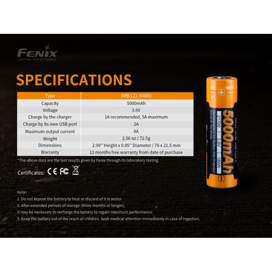 Fenix FE21700USB - 1 Stück Wiederaufladbarer Akku USB/3,6V 5000 mAh
