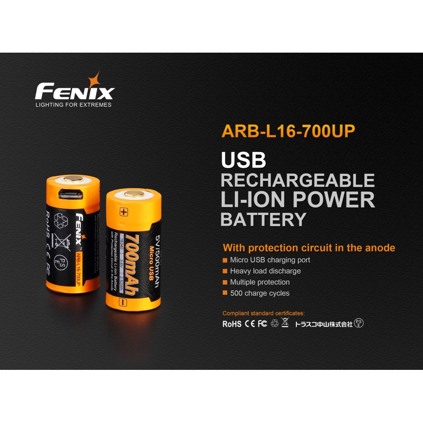 Fenix FERCR123ALIIONUP – 1 Stück, über USB wiederaufladbare Batterie, 3,6 V, 700 mAh