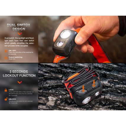 Fenix HL32RTRED - Aufladbare LED-Stirnlampe LED/USB/3xAAA IP66 800 lm 300 h rot/orange