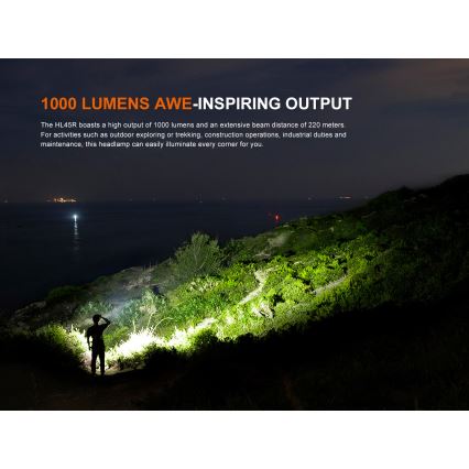 Fenix HL45R - Dimmbare, aufladbare LED-Stirnlampe mit Fokussierung LED/USB IP66 1000 glänzend 240 h schwarz