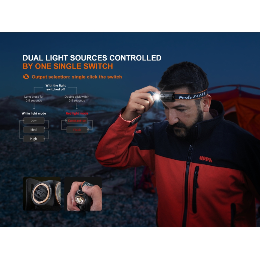 Fenix HM23V20 - Dimmbare LED-Stirnlampe LED/1xAA IP68 300 lm 100 h