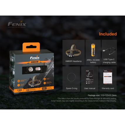Fenix HM60R - Dimmbare, aufladbare LED-Stirnlampe 4xLED/USB/2xCR123A IP68 1300 glänzend 300 h 3400 mAh
