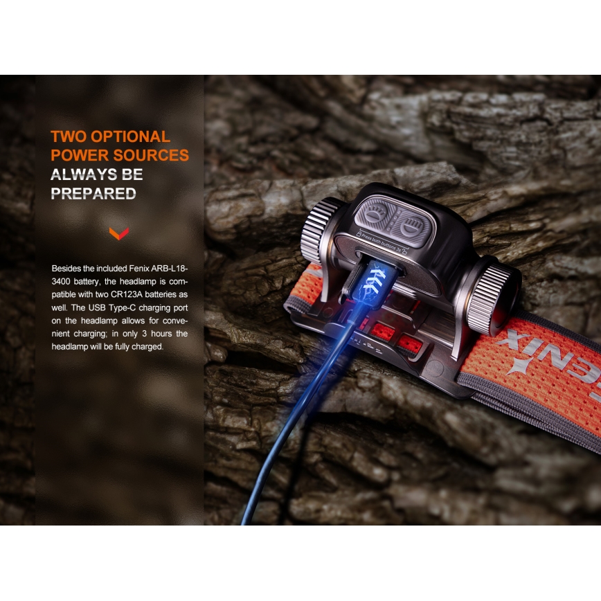 Fenix HM65RTV20BLC - Dimmbare, aufladbare LED-Stirnlampe LED/USB IP68 3400 mAh schwarz/orange