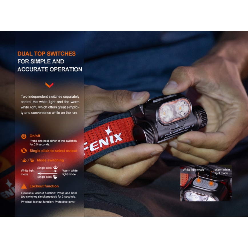 Fenix HM65RTV20BLC - Dimmbare, aufladbare LED-Stirnlampe LED/USB IP68 3400 mAh schwarz/orange