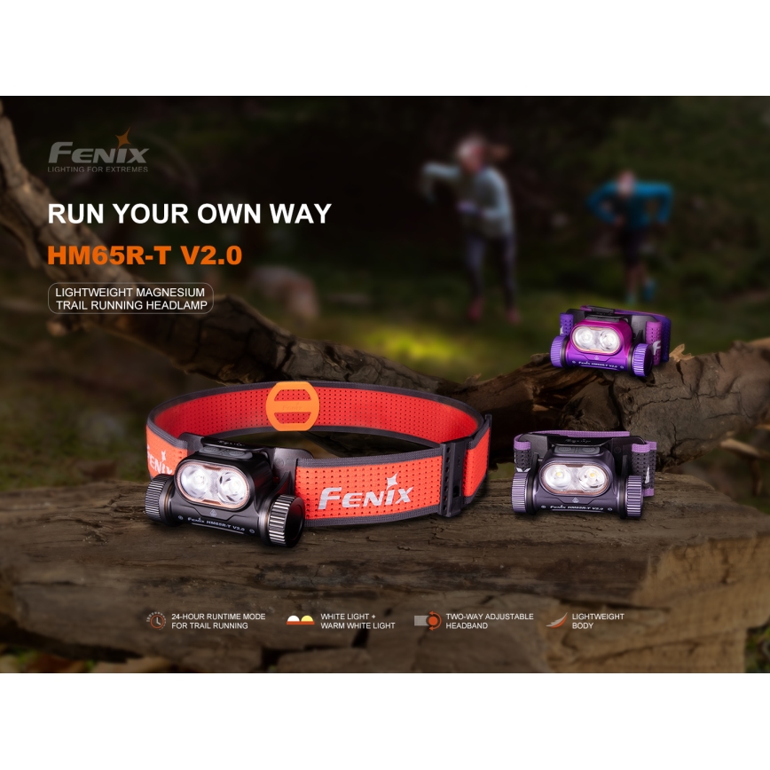 Fenix HM65RTV20PRP - Dimmbare, aufladbare LED-Stirnlampe LED/USB/2xCR123A IP68 1600 lm 300h 3400 mAh schwarz/violett