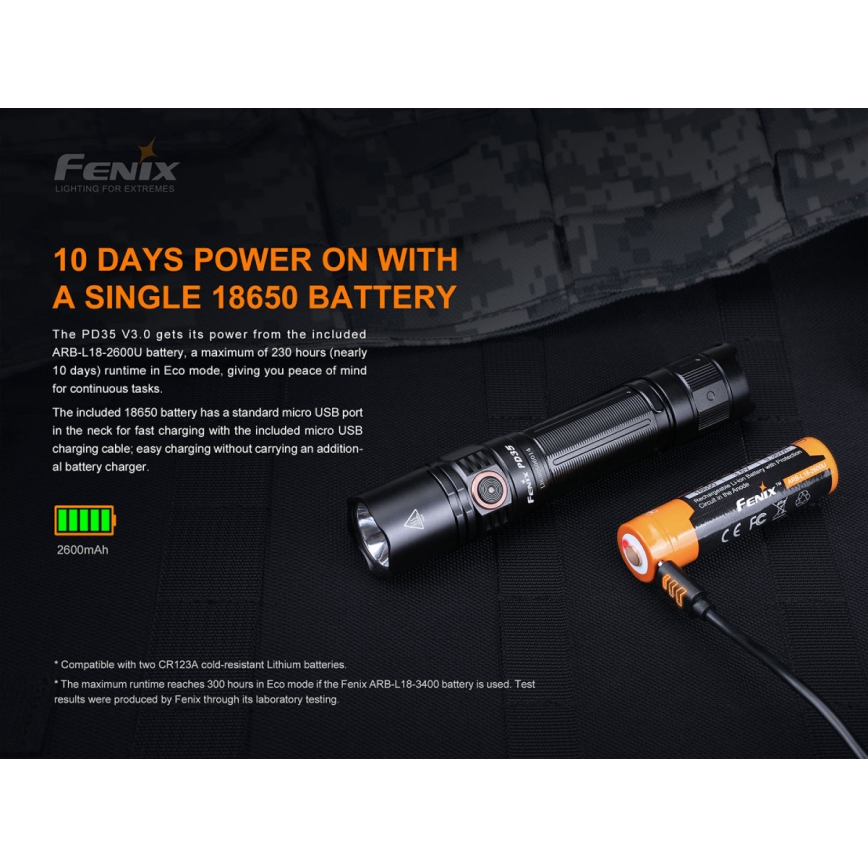 Fenix PD35V30 - LED Wiederaufladbare Taschenlampe LED/USB/2xCR123A IP68 1700 lm 230 h 2600 mAh