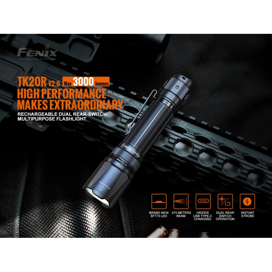 Fenix ​​TK20RV20 - Taktische wiederaufladbare LED-Taschenlampe LED/USB IP68 3000 lm 48 Std