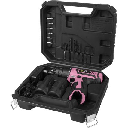 Fieldmann – Akkubohrer mit Zubehör 12V 1300 mAh pink/schwarz