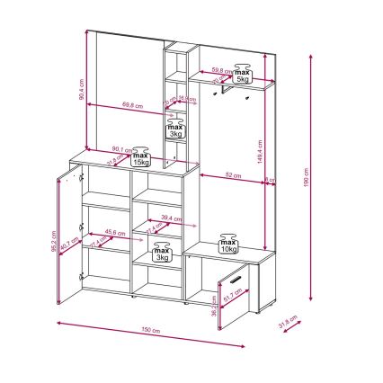 Garderobenwand mit Spiegel KEVIN, braun/schwarz