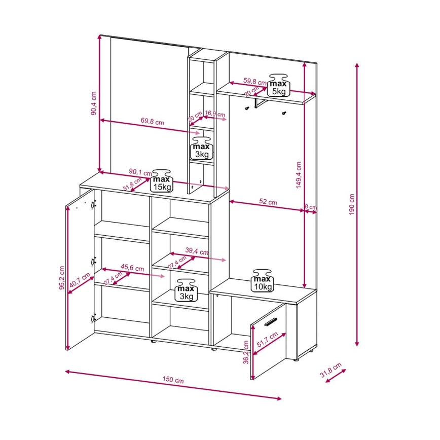 Garderobenwand mit Spiegel KEVIN, braun/schwarz