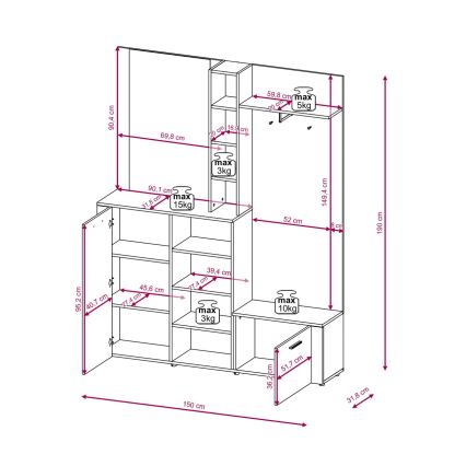 Garderobenwand mit Spiegel KEVIN, braun/weiß