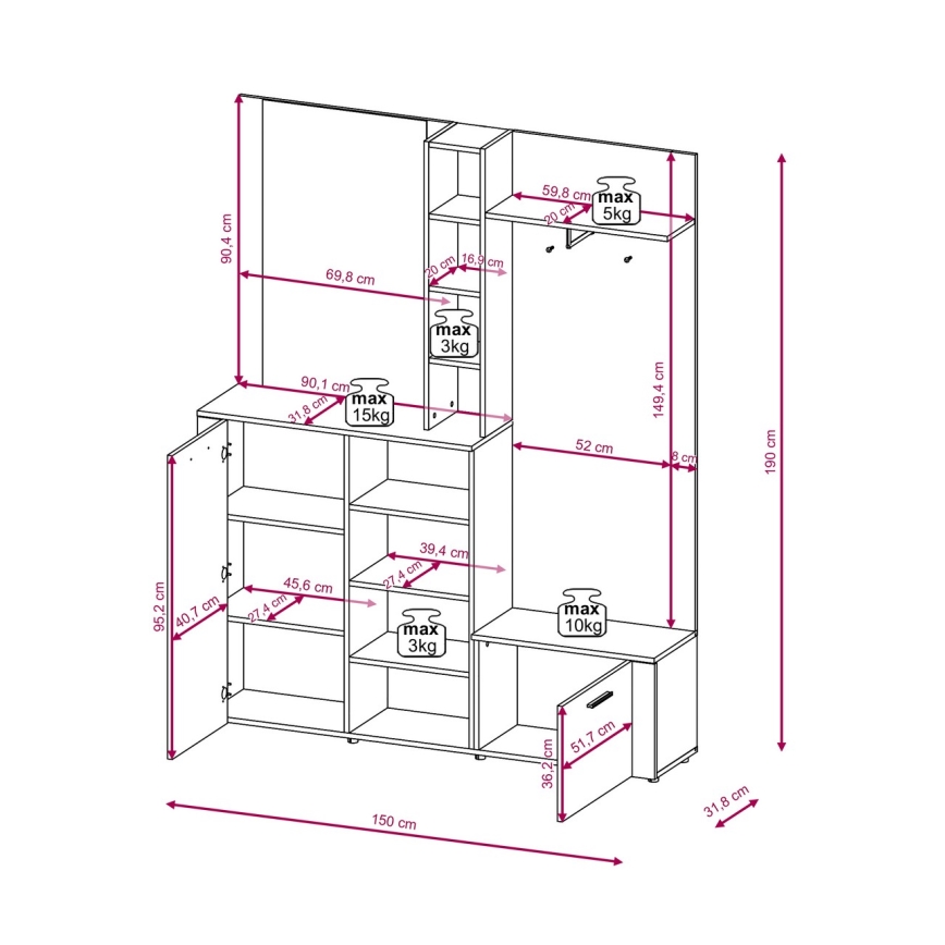 Garderobenwand mit Spiegel KEVIN, braun/weiß