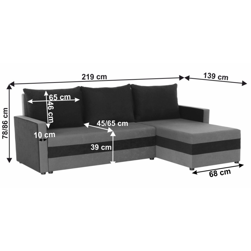Gepolsterte klappbare Universal-Eck-Sitzgarnitur in L-Form BRISTOL grau/schwarz