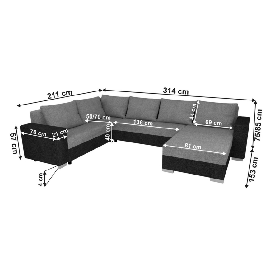 Gepolsterte, links- und rechtsmontierbare U-Eckcouch mit Schlaffunktion YORK schwarz/anthrazit
