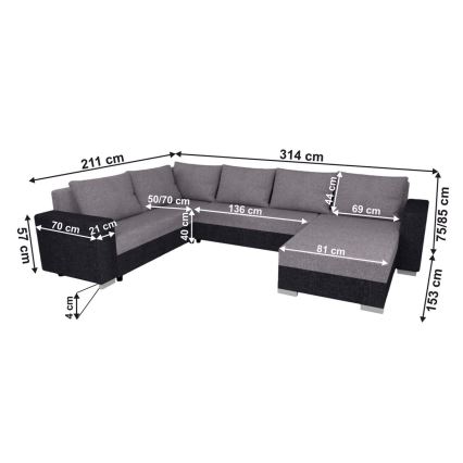 Gepolsterte, universell einsetzbare, ausziehbare U‑Sitzgarnitur mit Schlaffunktion YORK, grau/schwarz