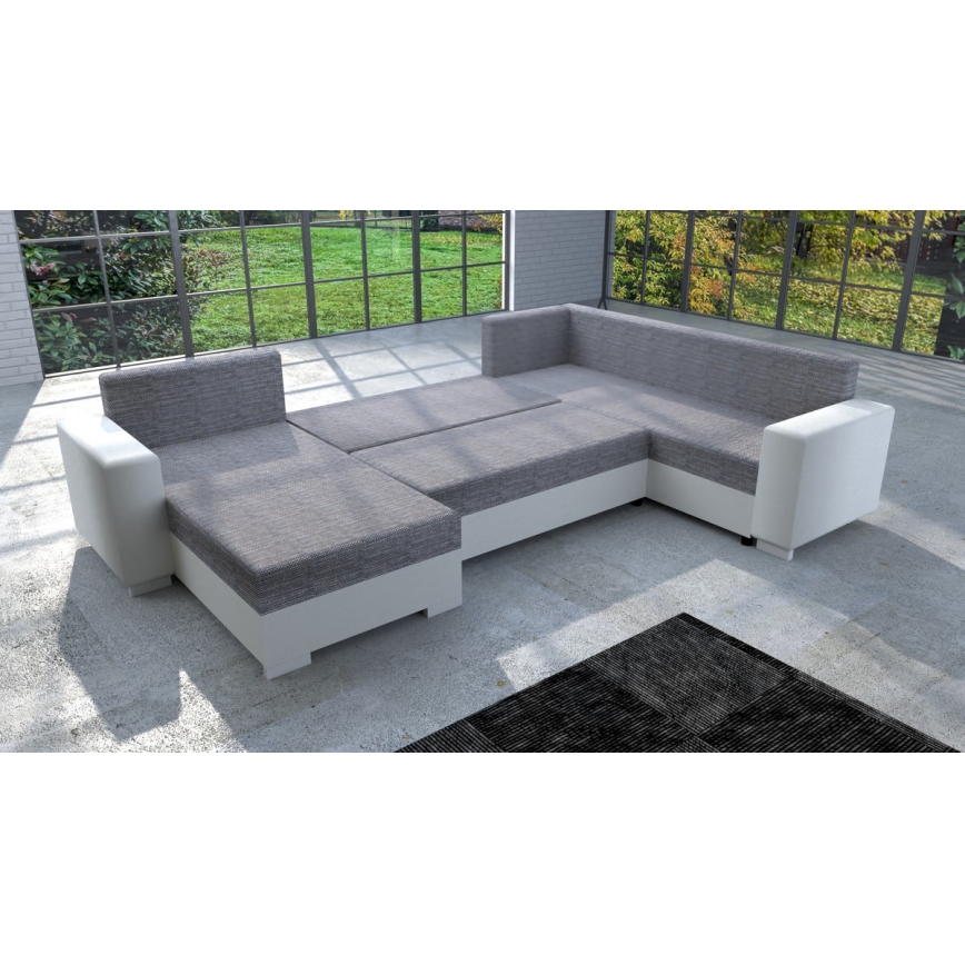 Gepolsterte, universell einsetzbare, ausziehbare U‑Sitzgarnitur YORK, Weiß/Grau