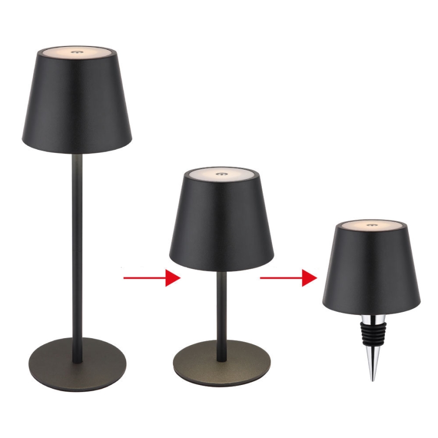 Globo - LED, dimmbar, mit Touch-Bedienung, wiederaufladbare Außen-Tischlampe 3-in-1 LED/3W/5V 3000/4000/5000K IP54 1800 mAh schwarz