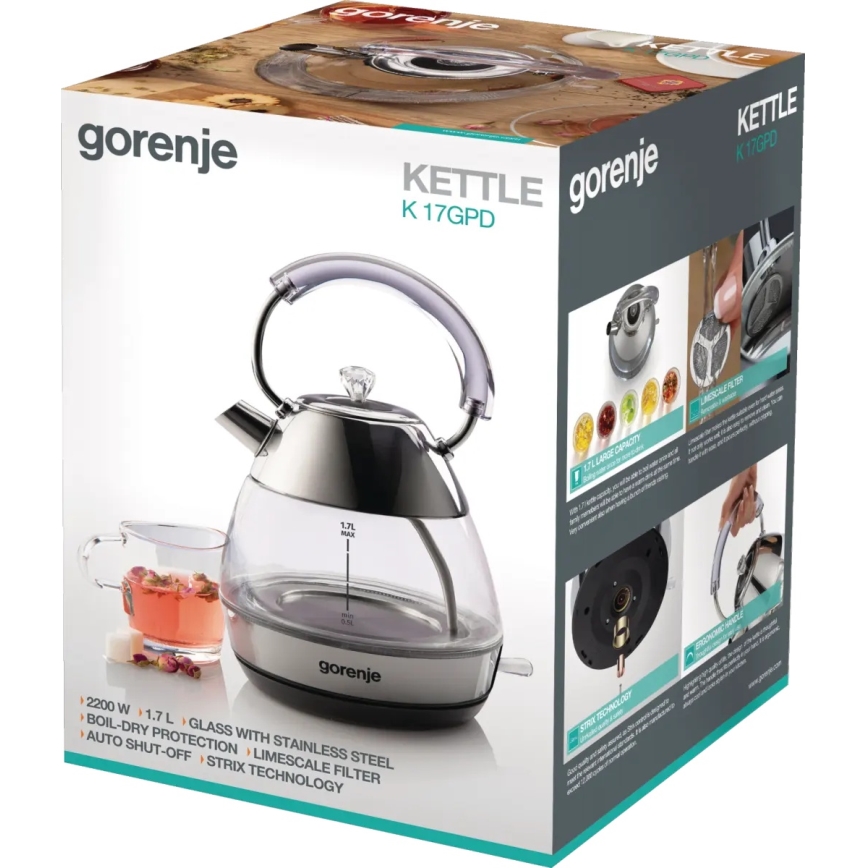GORENJE K17GPD - Elektrischer Wasserkocher 1,7 l, 2200 W / 230 V, Glas/Edelstahl