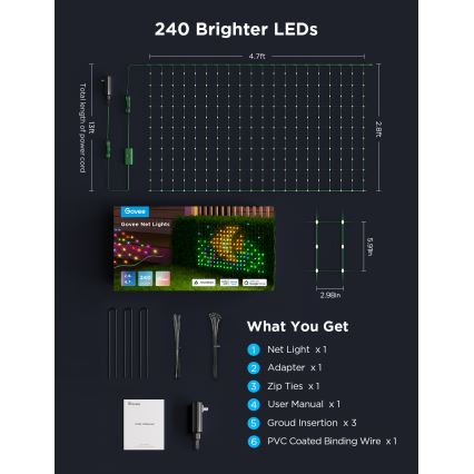 Govee - LED RGBIC Außen-Lichtnetz 143x85cm Wi-Fi Matter IP65