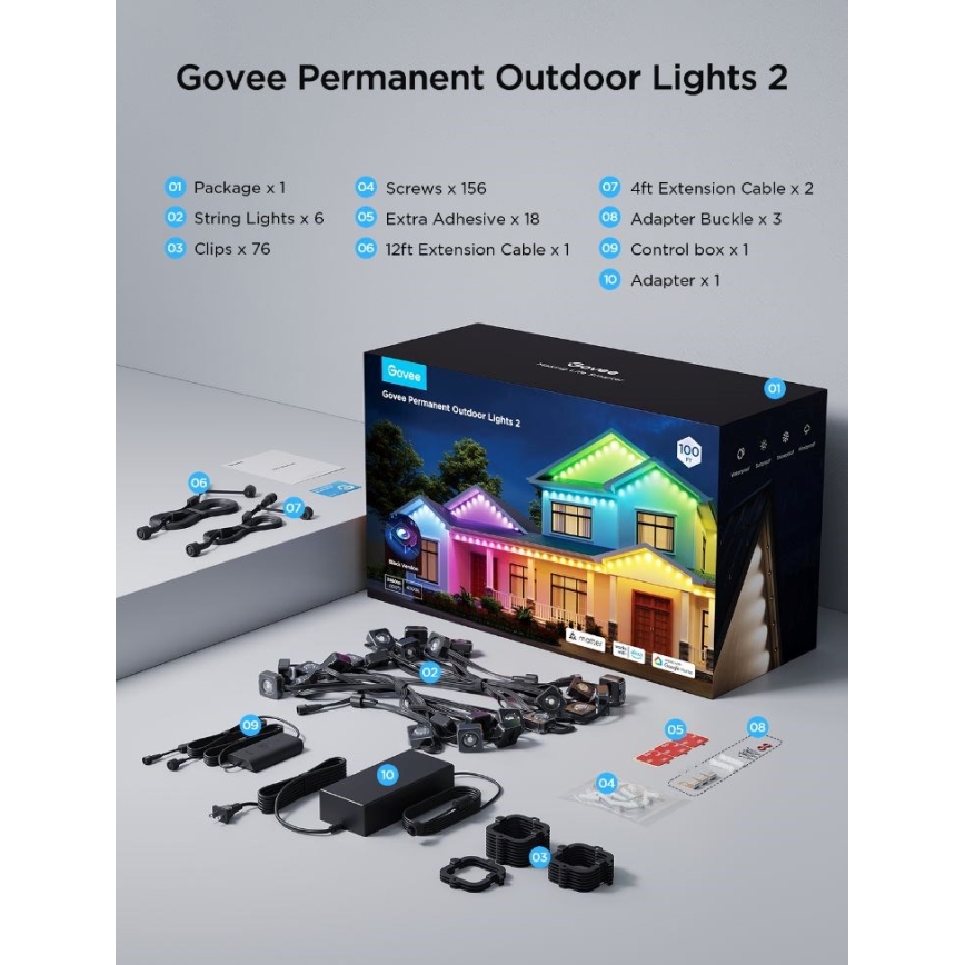 Govee - LED RGBIC-Lichterkette mit Downlights, 30 m, Wi-Fi, Matter, IP67