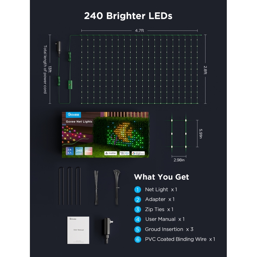 Govee - Outdoor-Lichternetz LED RGBIC 143x85cm Wi-Fi Matter IP65